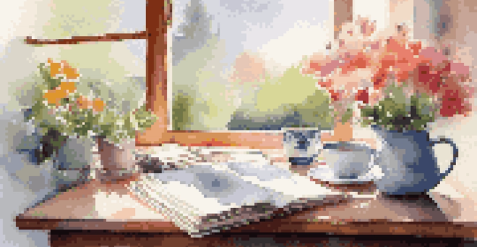 A cozy workspace with an open journal and a cup of tea by a sunlit window, overlooking a colorful garden.