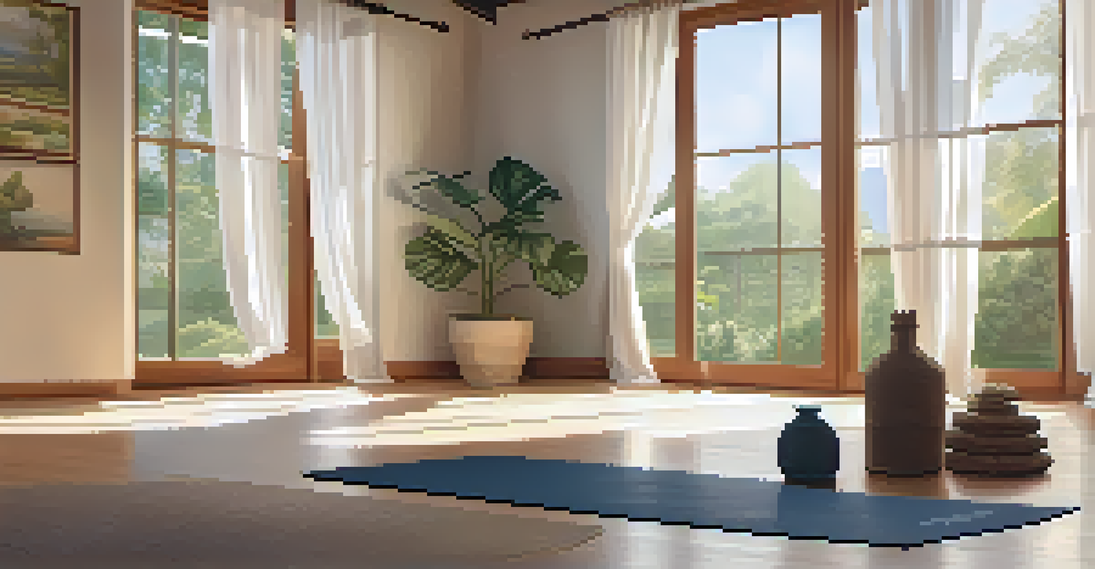 A yoga mat in a bright studio with jasmine oil, soft light, and greenery, promoting relaxation and mindfulness.