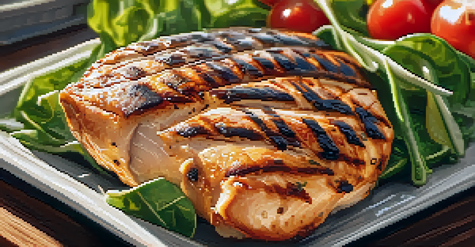 Close-up of grilled chicken breast with grill marks on a wooden cutting board next to a fresh salad, highlighted by warm golden lighting.