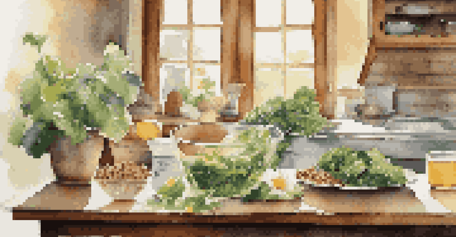 A kitchen table filled with healthy foods and chamomile tea, promoting better sleep through diet.