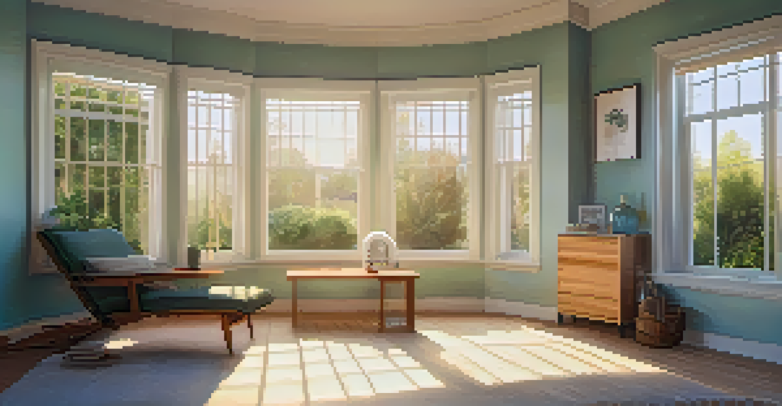 A person reading by a light therapy box in a serene room filled with natural sunlight, decorated with calming colors.