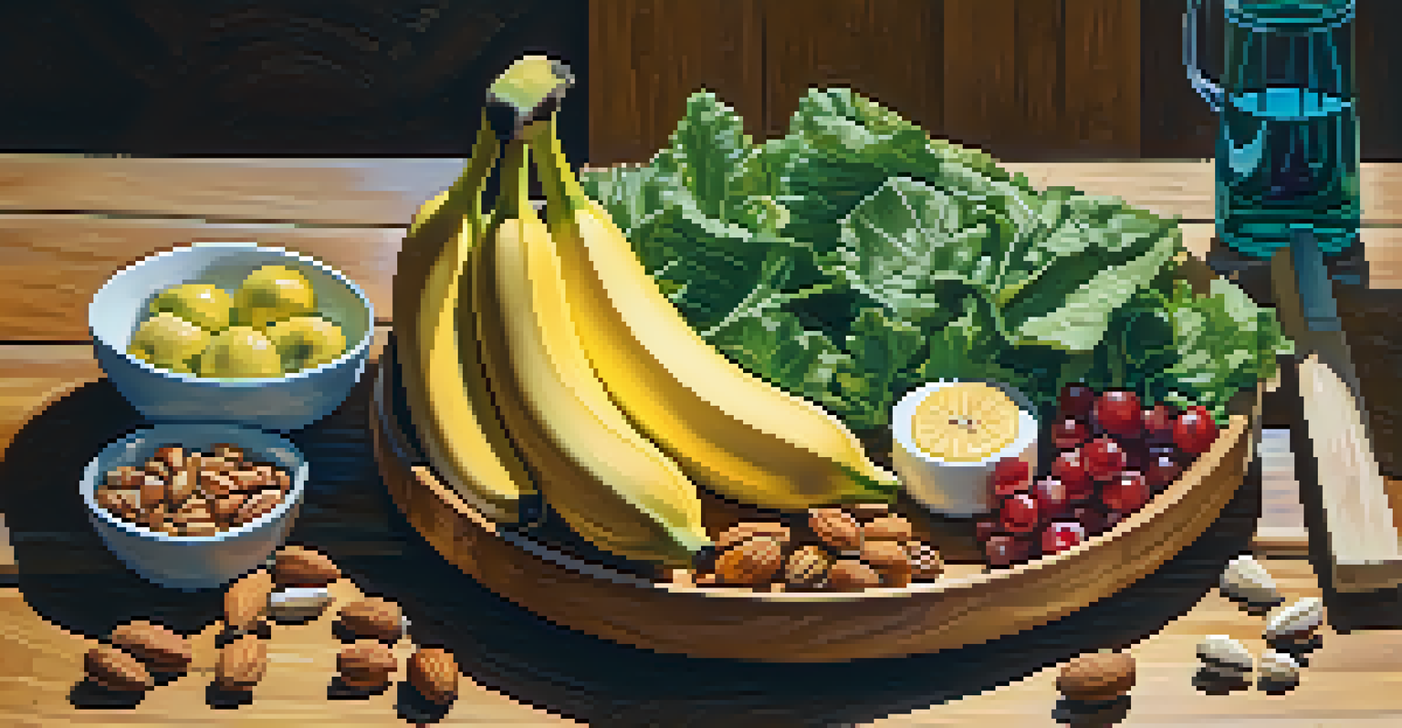 A vibrant plate of healthy foods like leafy greens, nuts, and a banana on a wooden table, illuminated by sunlight.