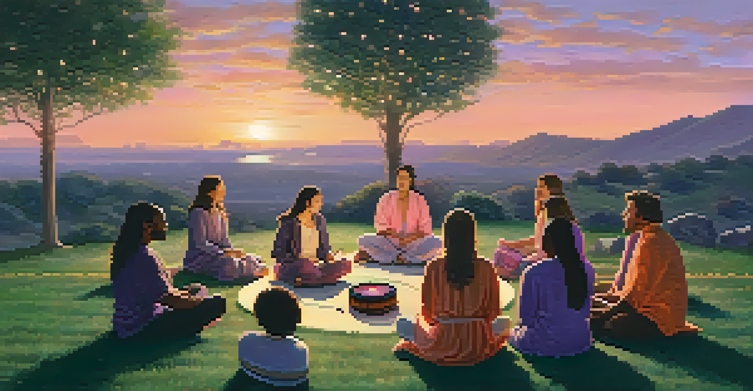 A group of individuals meditating outdoors at sunset, surrounded by musical instruments and twinkling lights.