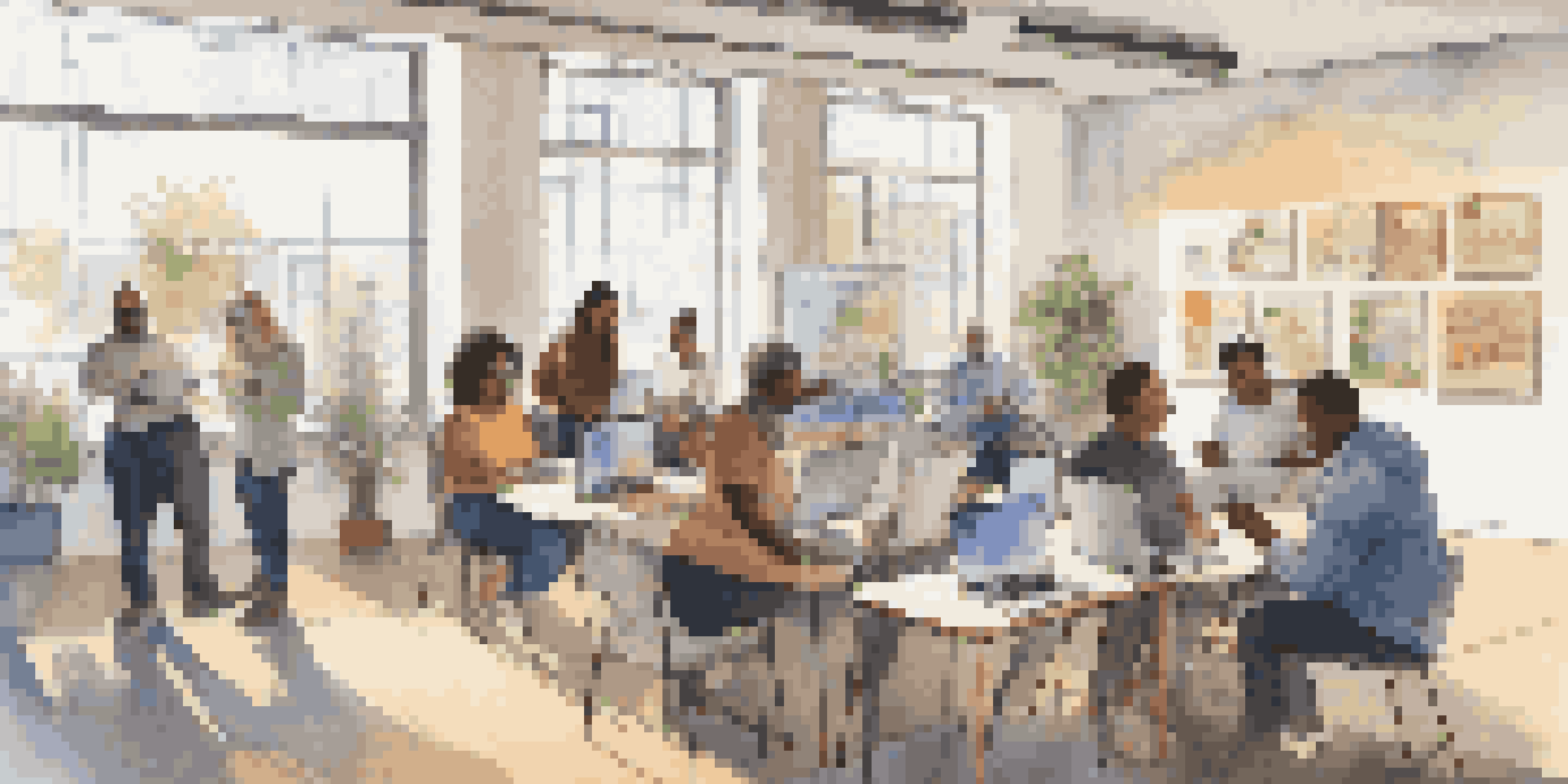 A diverse group of adults participating in a digital literacy workshop, with laptops and a facilitator in a bright room.