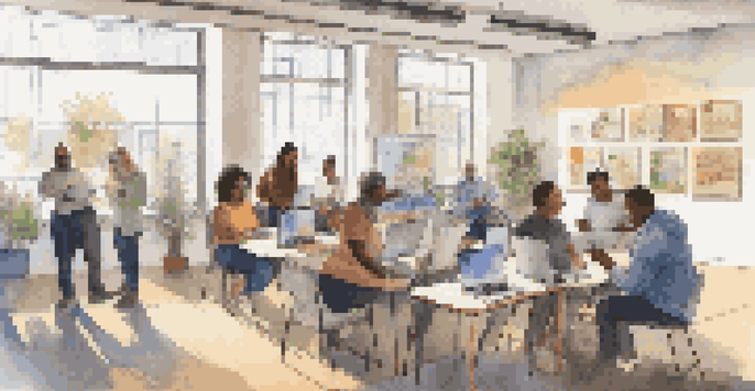 A diverse group of adults participating in a digital literacy workshop, with laptops and a facilitator in a bright room.