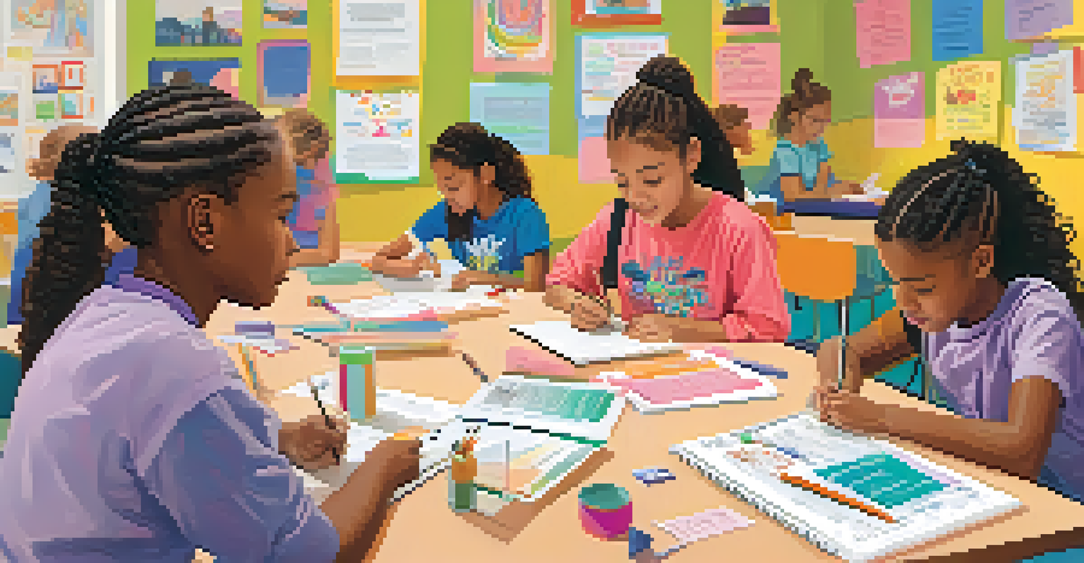 Young girls in a bright classroom workshop about mental health, actively engaging and writing notes.