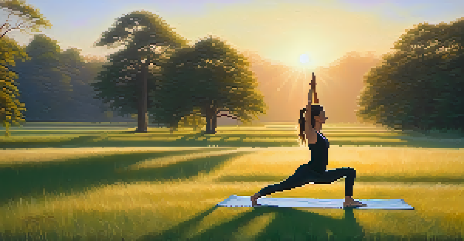 A person practicing yoga in a grassy field at sunrise, with warm golden light and a serene atmosphere.