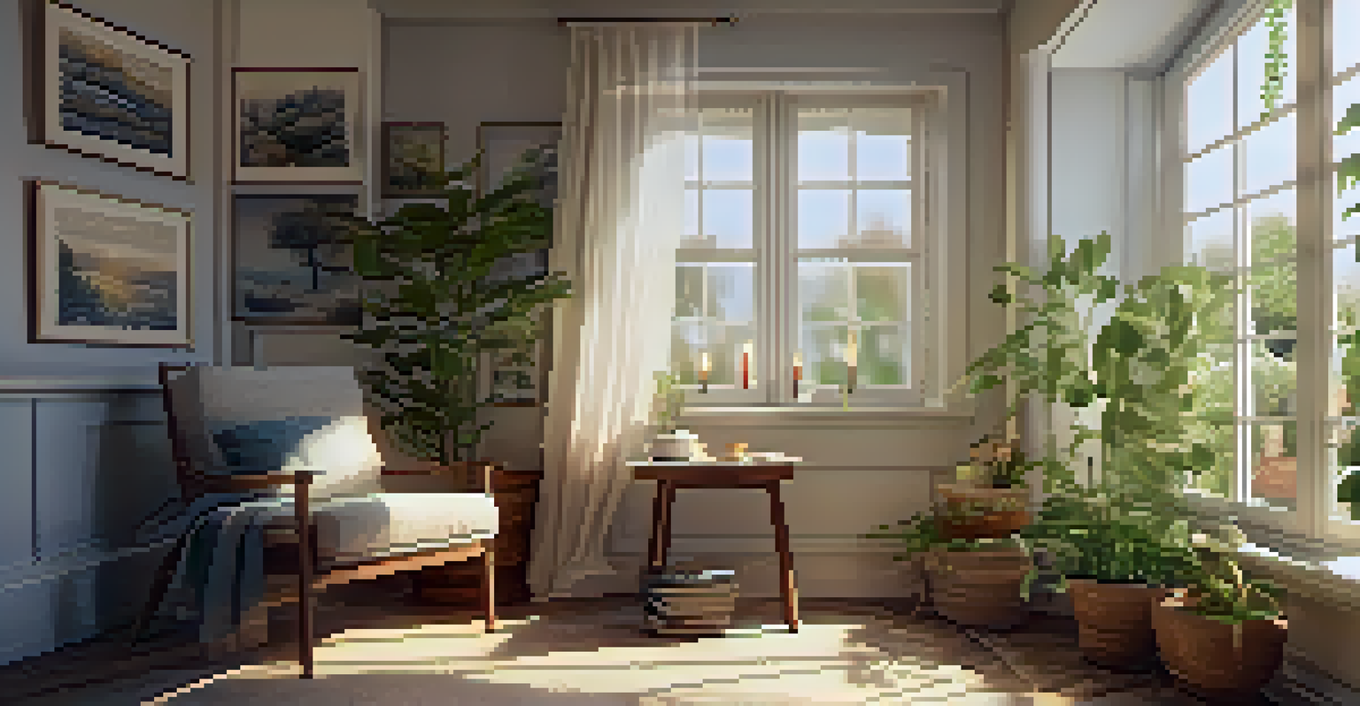 A cozy indoor space with a chair, candle, journal, and cup of tea, creating a calm atmosphere for mindfulness.