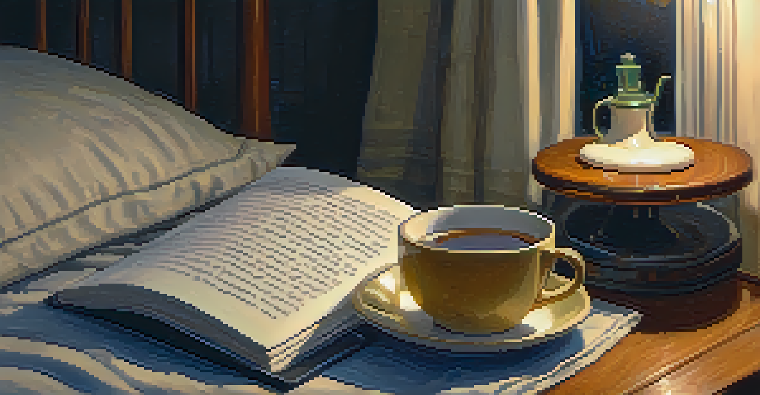 A cup of valerian root tea on a bedside table with a lamp and a book, illuminated by moonlight, creating a peaceful night-time ambiance.