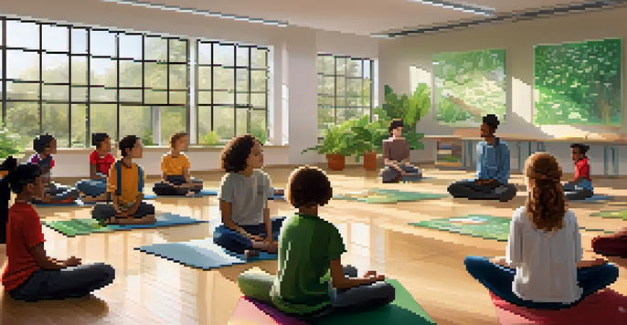 A classroom with students practicing mindfulness meditation under natural light.