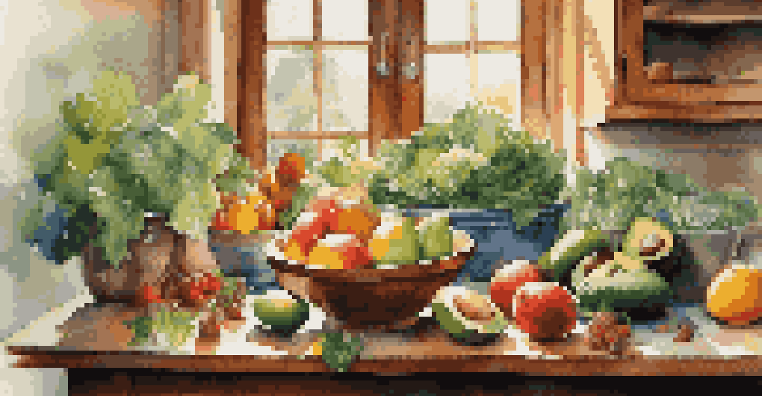 A colorful display of fresh fruits and vegetables on a wooden table in a sunny kitchen.