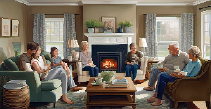 A family gathering in a living room, with multiple generations enjoying each other's company and sharing stories over tea.