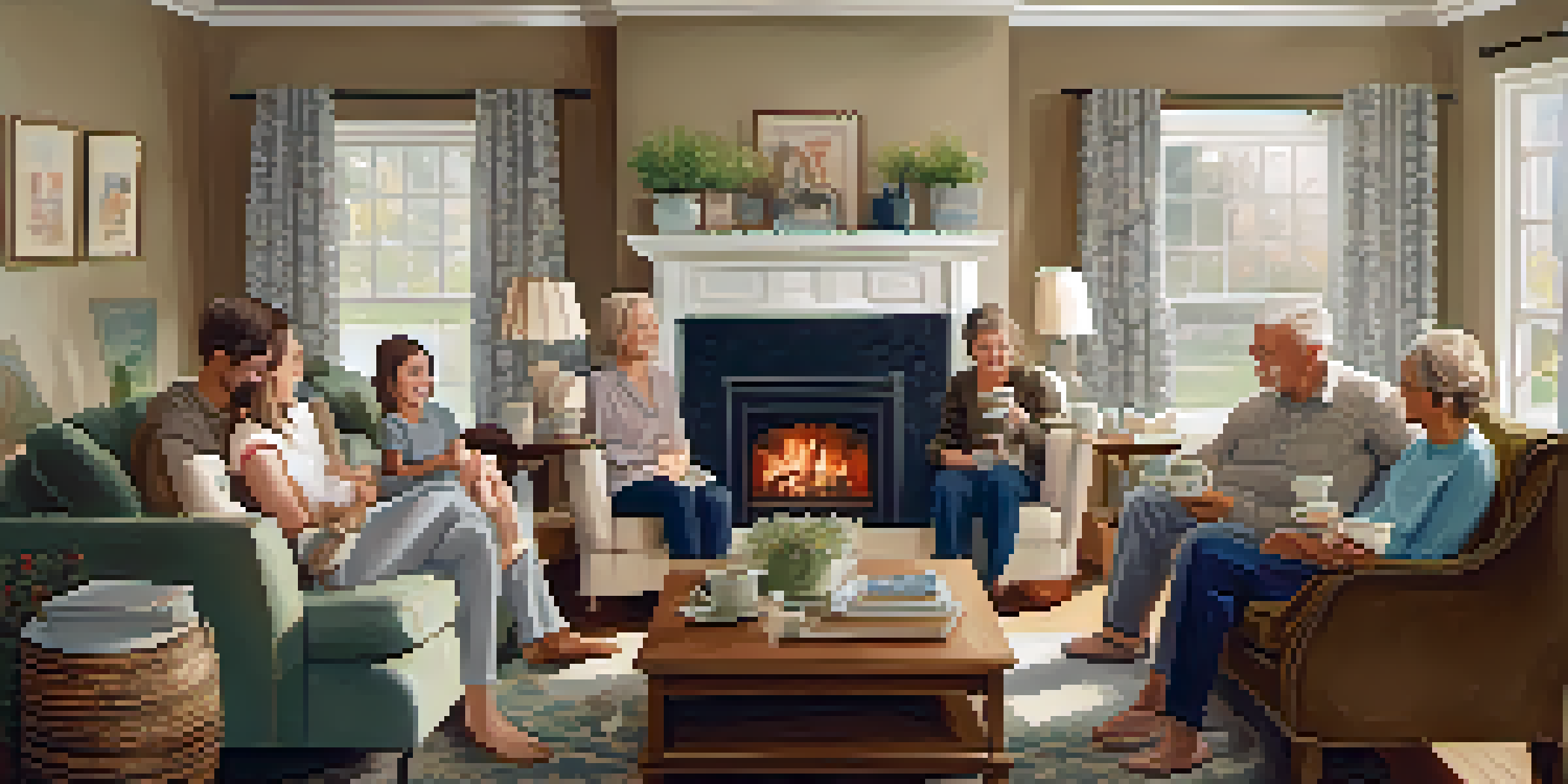 A family gathering in a living room, with multiple generations enjoying each other's company and sharing stories over tea.
