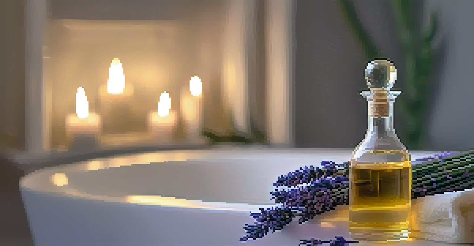 A warm bathtub filled with lavender petals, accompanied by a bottle of lavender essential oil and soft candlelight.