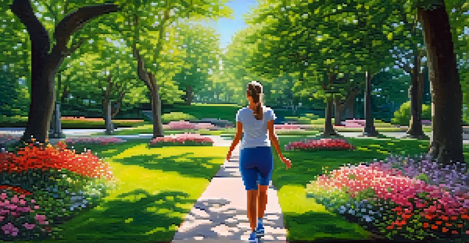 A woman walking in a park, smiling while practicing positive affirmations, surrounded by nature.