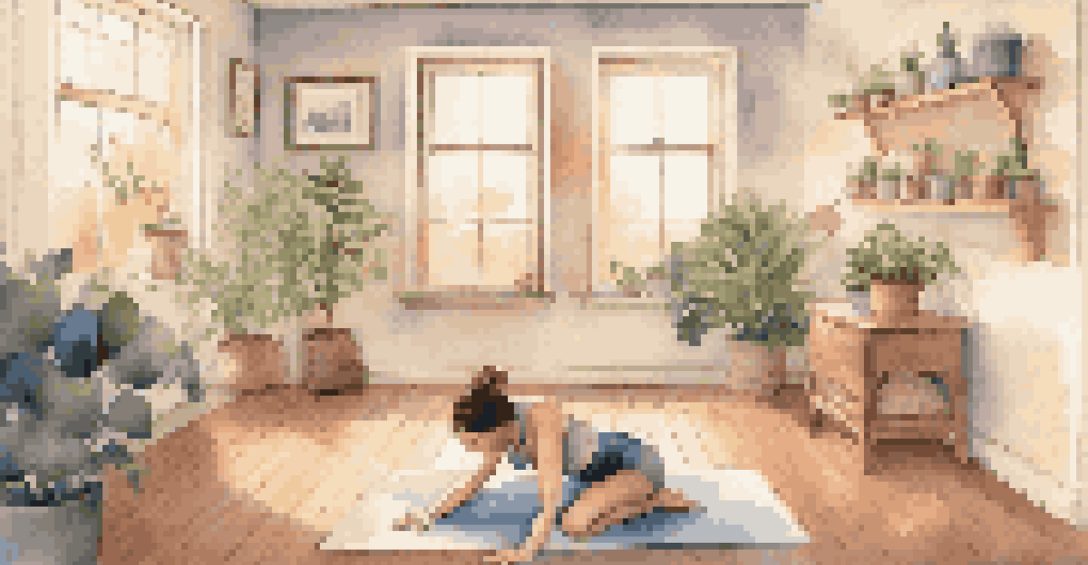 An individual practicing Pilates on a mat in a cozy home environment, with warm lighting and personal touches around.