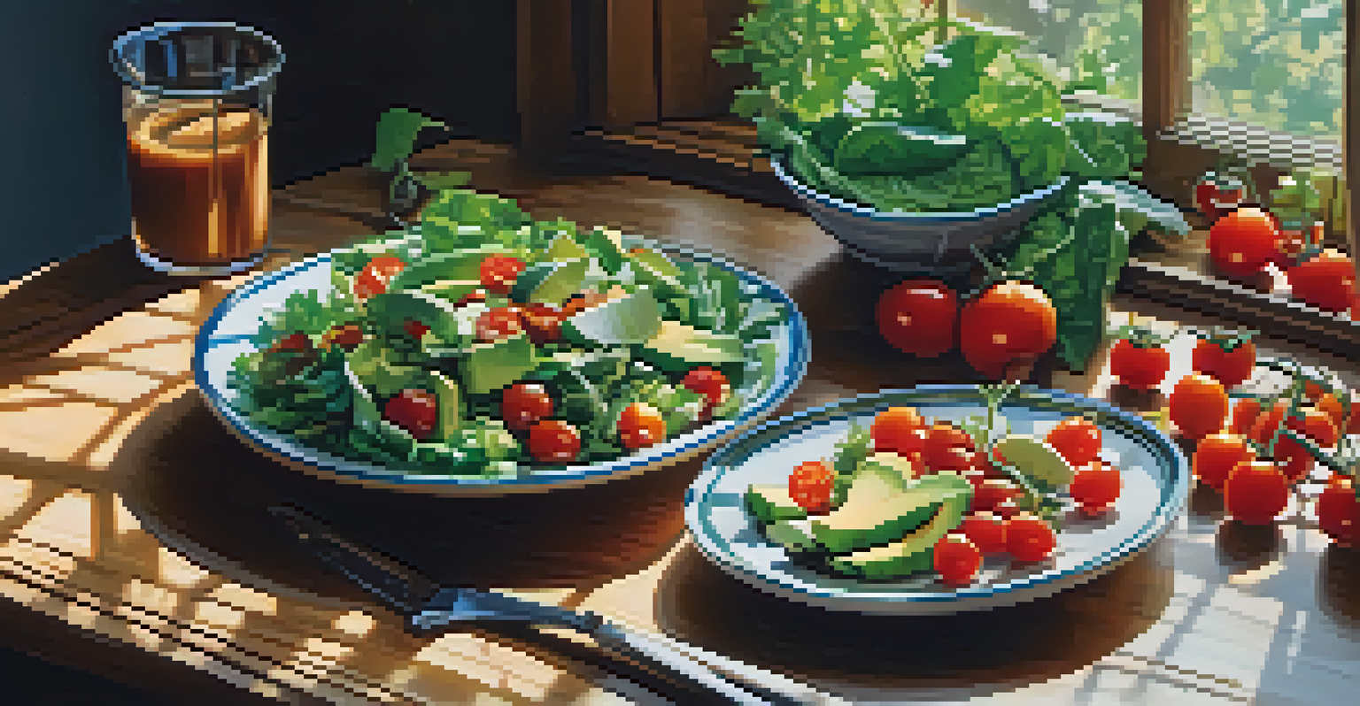A close-up of a colorful salad with leafy greens, tomatoes, avocado, and nuts on a wooden table, illuminated by natural light.