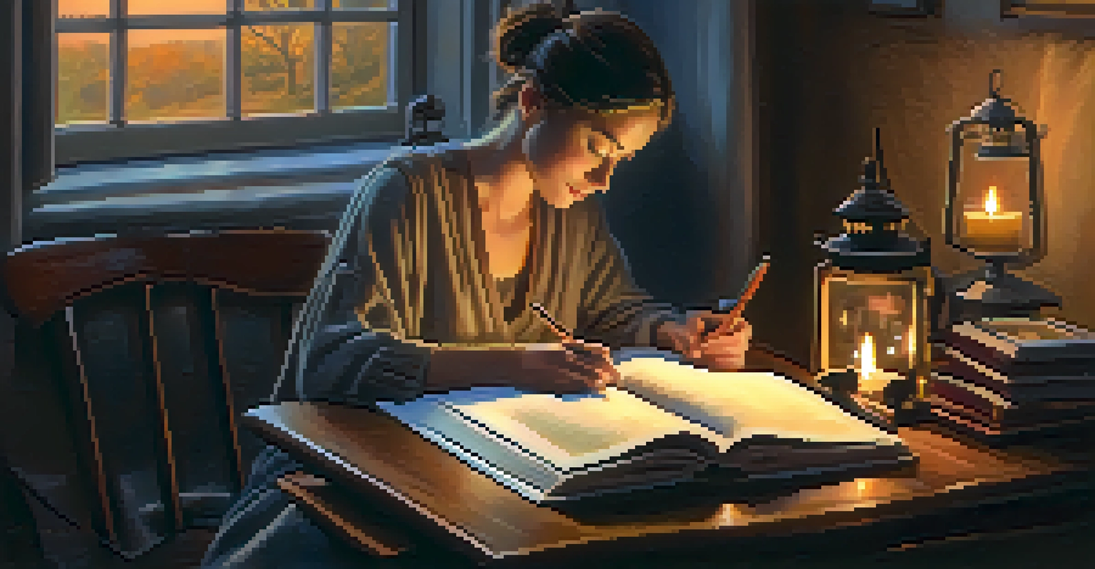 A person journaling under candlelight, surrounded by a cozy setting that encourages mindfulness and reflection.