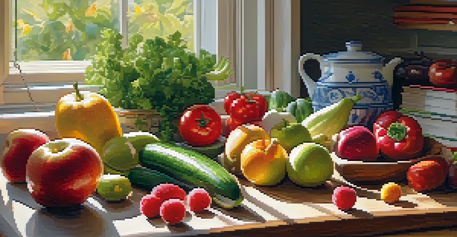 A warm kitchen with fresh fruits and vegetables on a wooden countertop, illuminated by sunlight.