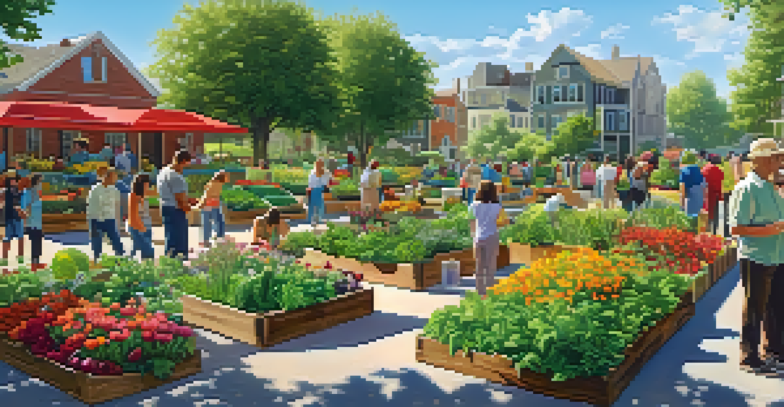 A lively community garden with people gardening together, surrounded by colorful flowers and vegetables under a clear blue sky.