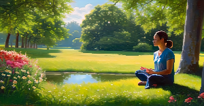 A person practicing mindfulness in a green park, sitting cross-legged on grass surrounded by flowers and trees, with sunlight filtering through leaves.