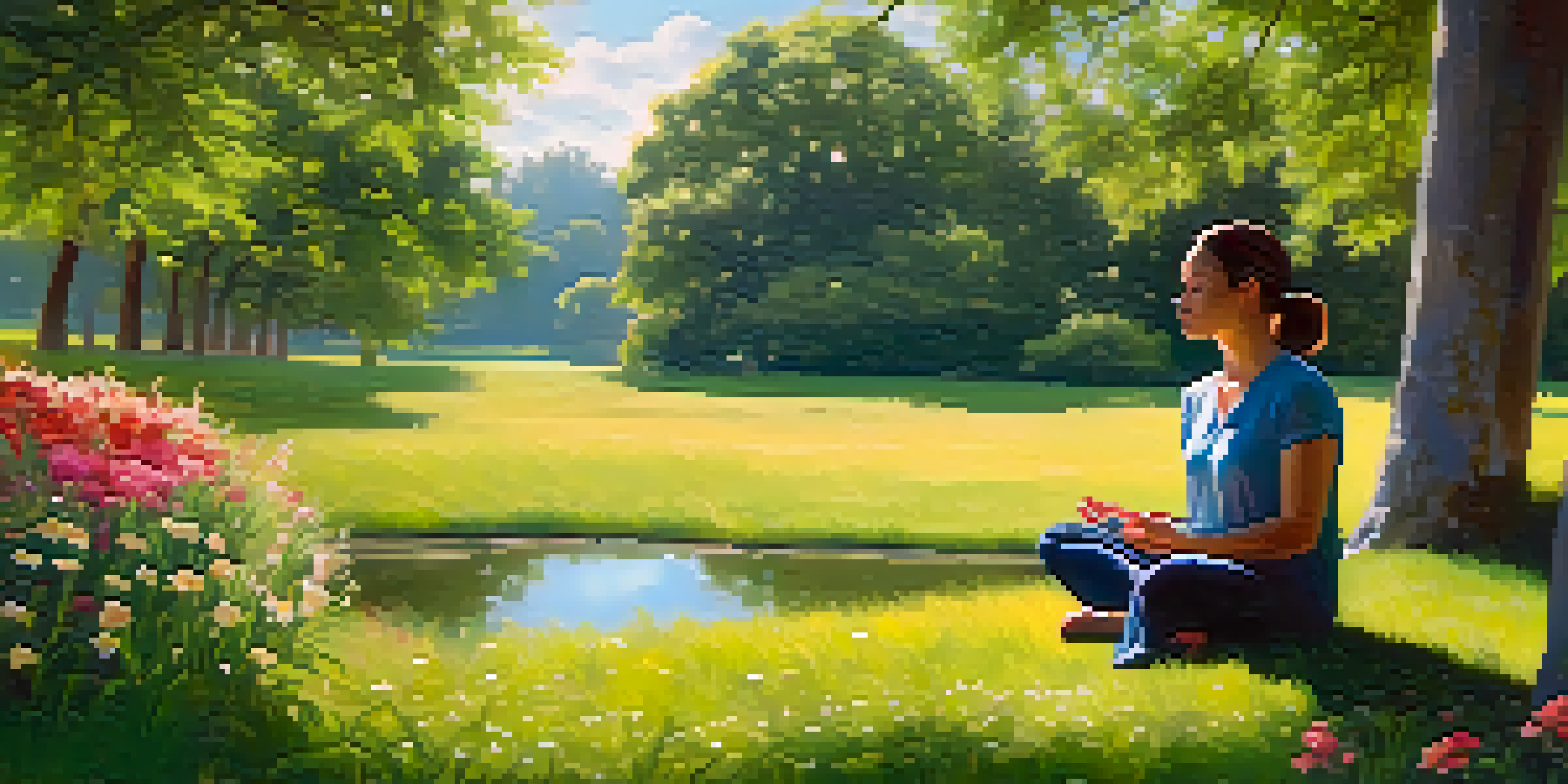 A person practicing mindfulness in a green park, sitting cross-legged on grass surrounded by flowers and trees, with sunlight filtering through leaves.