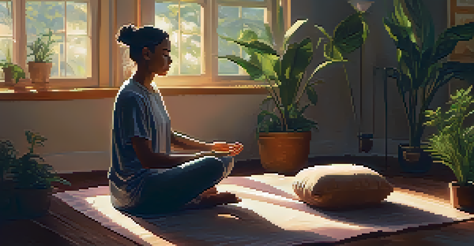 An individual meditating in a softly lit room, surrounded by cushions and plants, evoking a sense of tranquility and mindfulness.