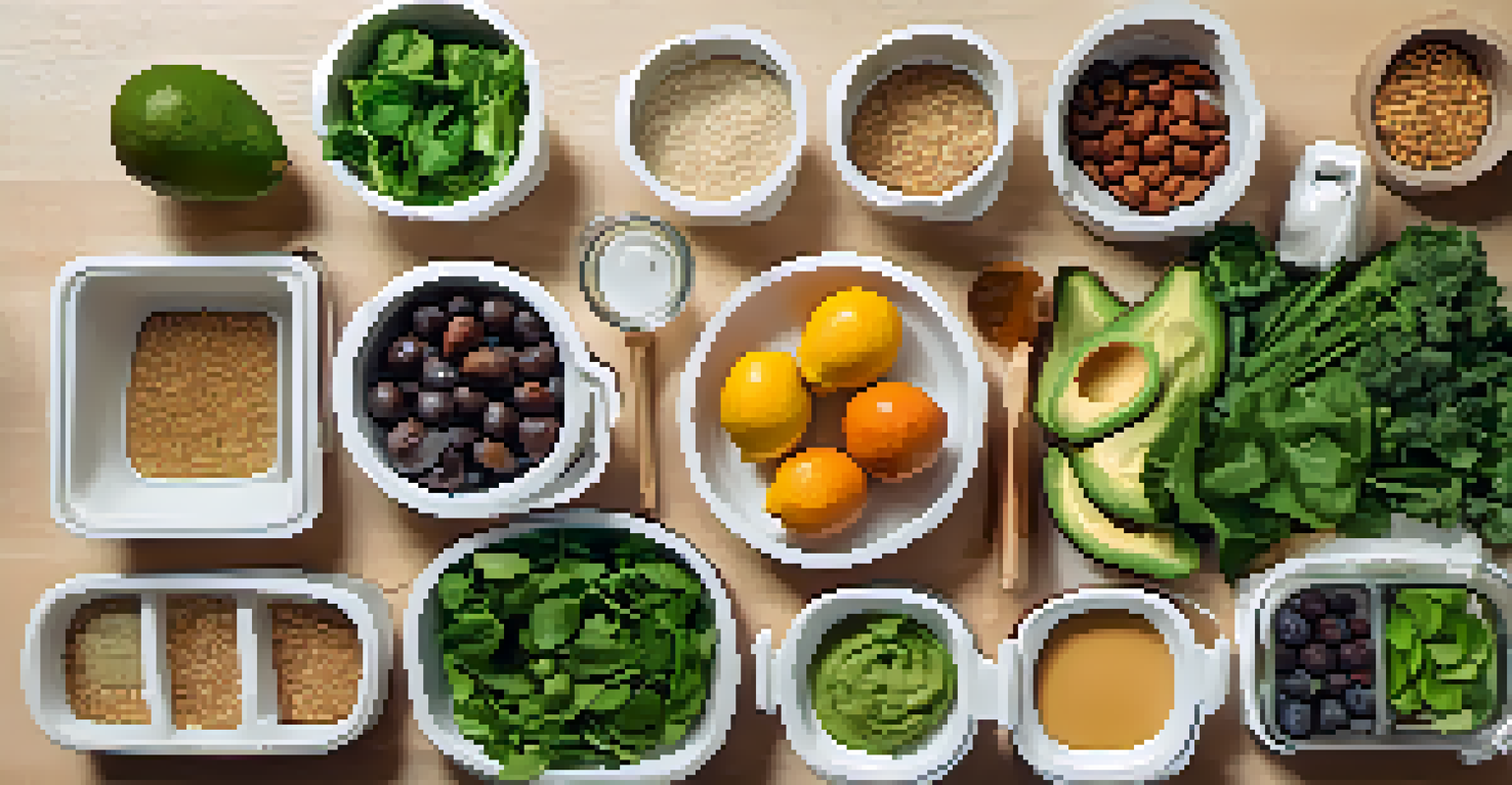 A flat lay image of healthy meal prep ingredients for diabetes management, featuring whole foods and planning tools.