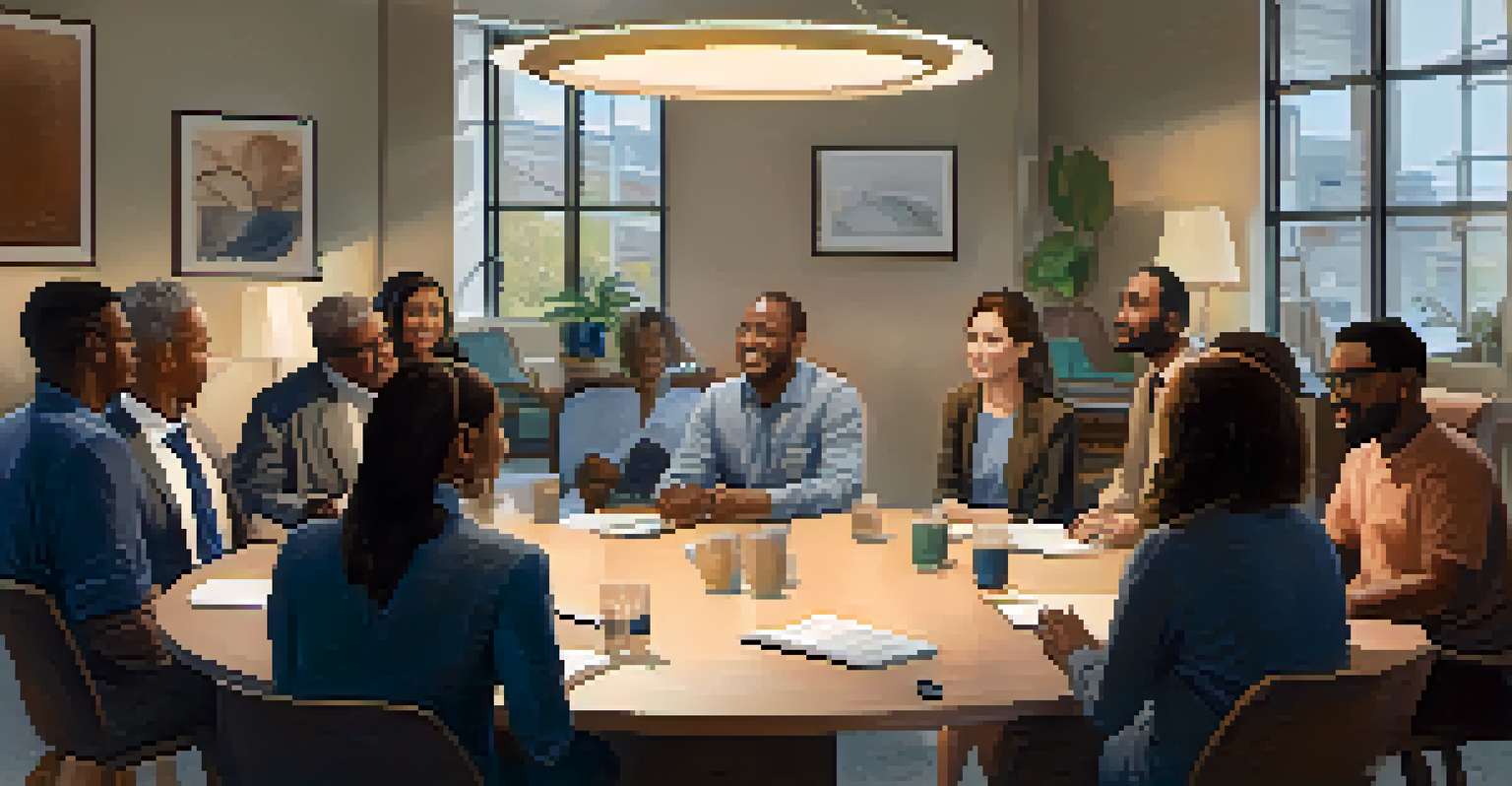 A diverse group of employees sitting around a table, engaged in a supportive discussion about health needs in a warm office environment.