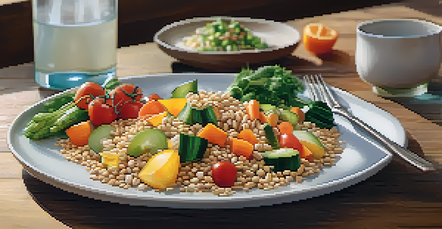 A colorful and healthy meal of vegetables, lean proteins, and whole grains displayed on a wooden table with a glass of water.
