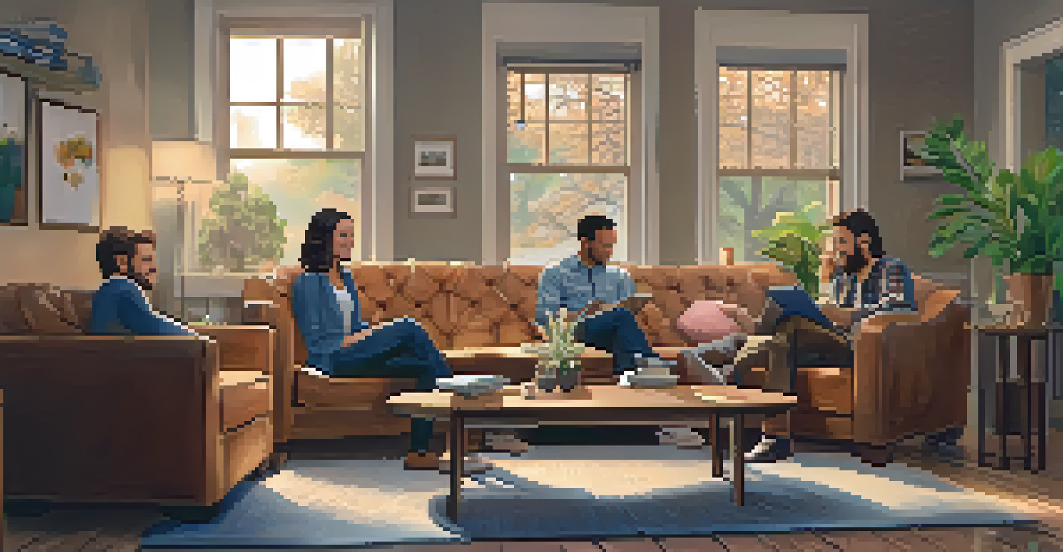 A group of friends in a cozy living room discussing and supporting each other in their goals.