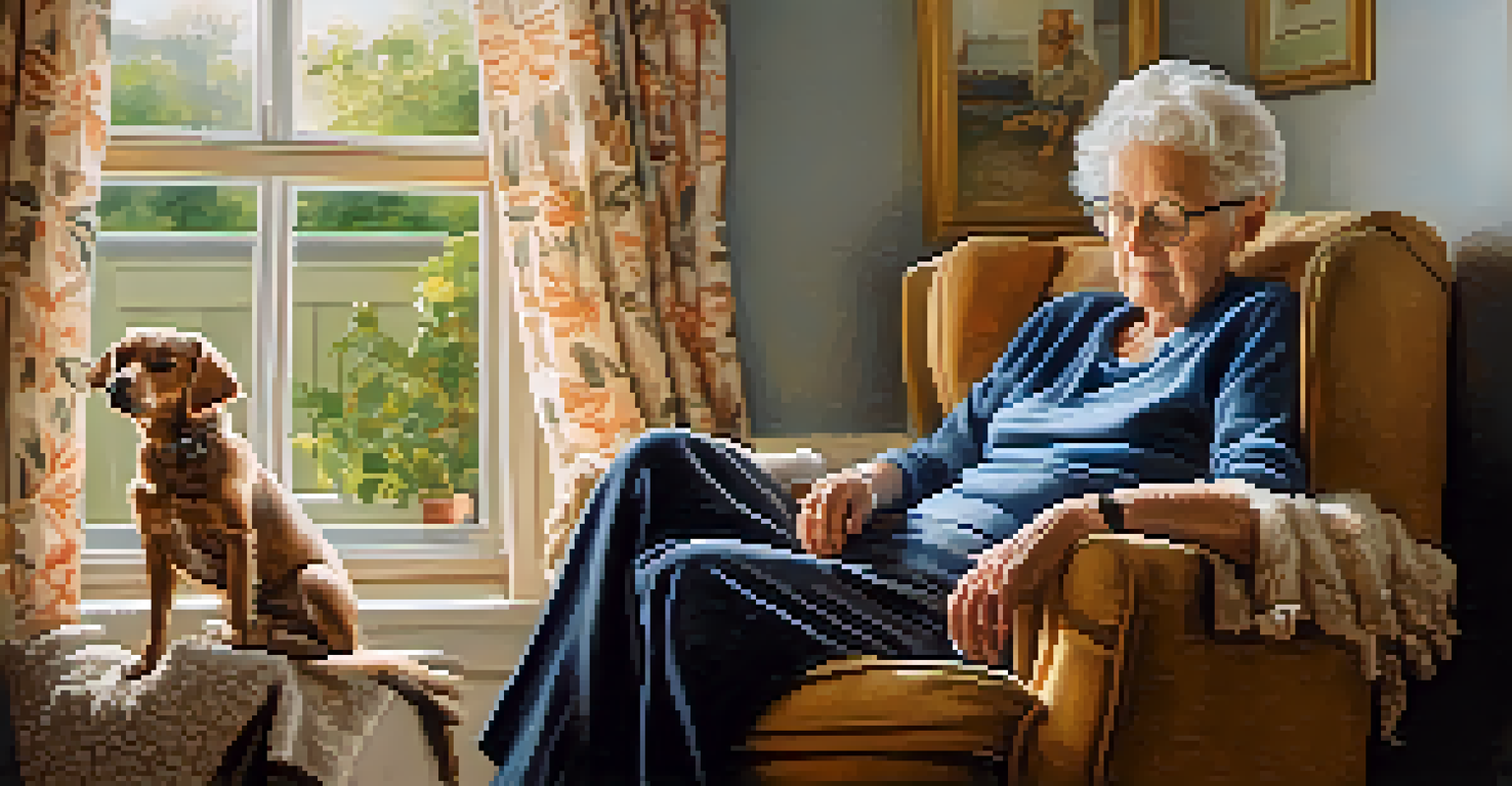 An elderly person relaxing in a chair with a small dog on their lap, in a warm light-filled room adorned with family photos.