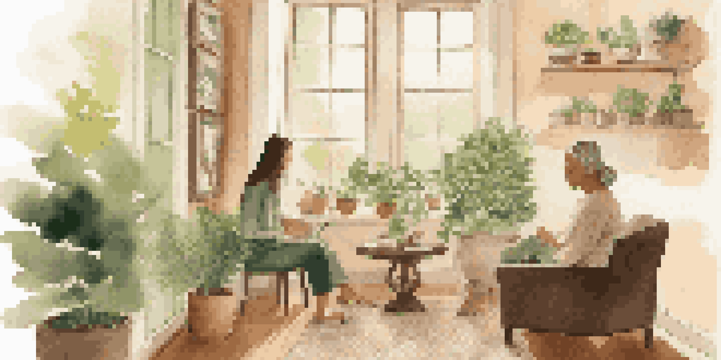 A peaceful health coaching session with a coach and a client in a cozy room, featuring soft sunlight and plants.