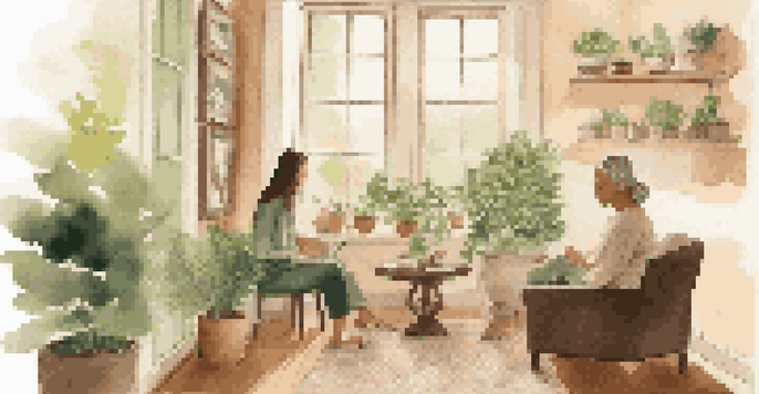 A peaceful health coaching session with a coach and a client in a cozy room, featuring soft sunlight and plants.