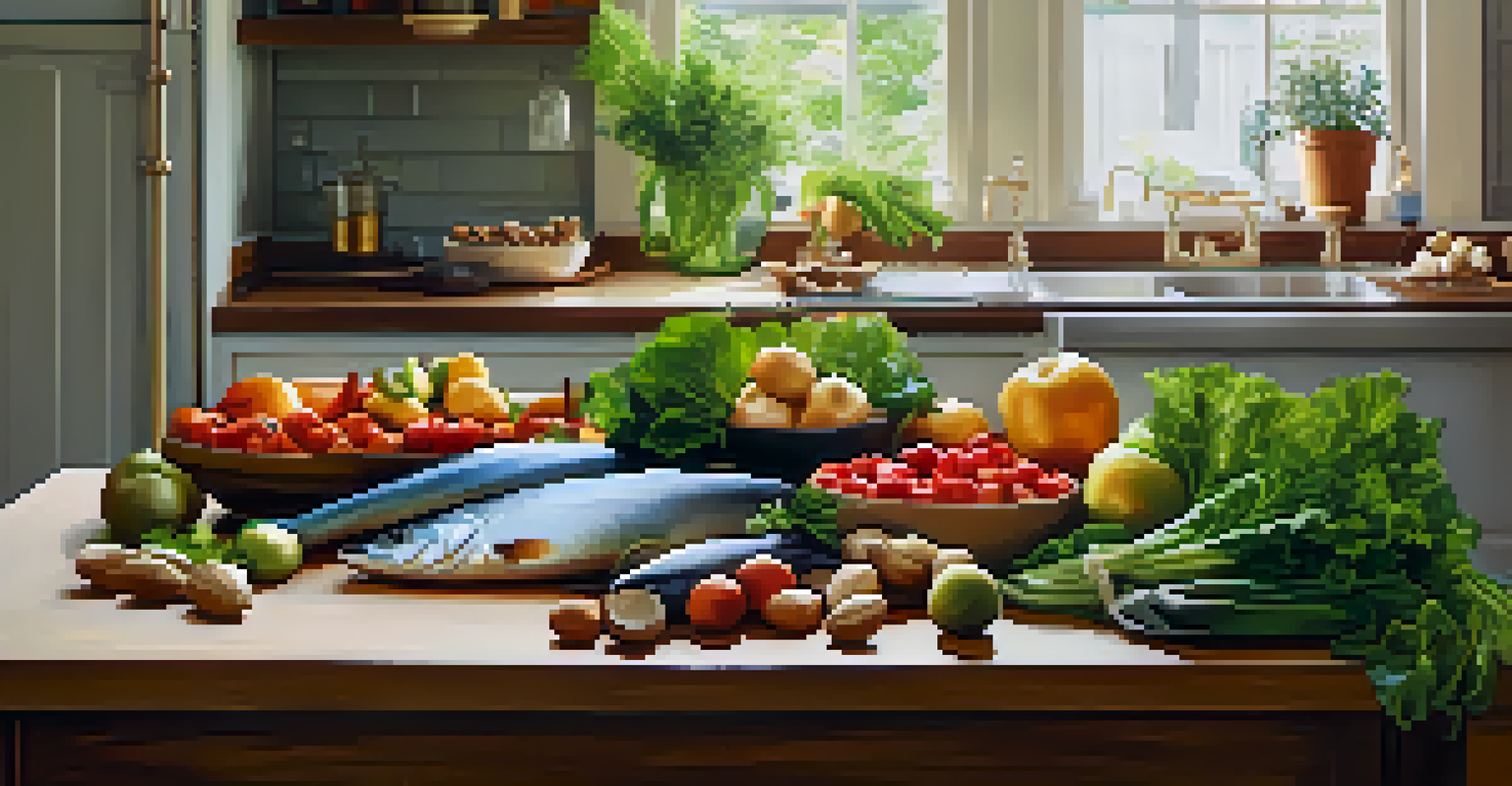 A table arranged with fresh produce like leafy greens, nuts, and fish, representing a balanced diet for fertility enhancement.