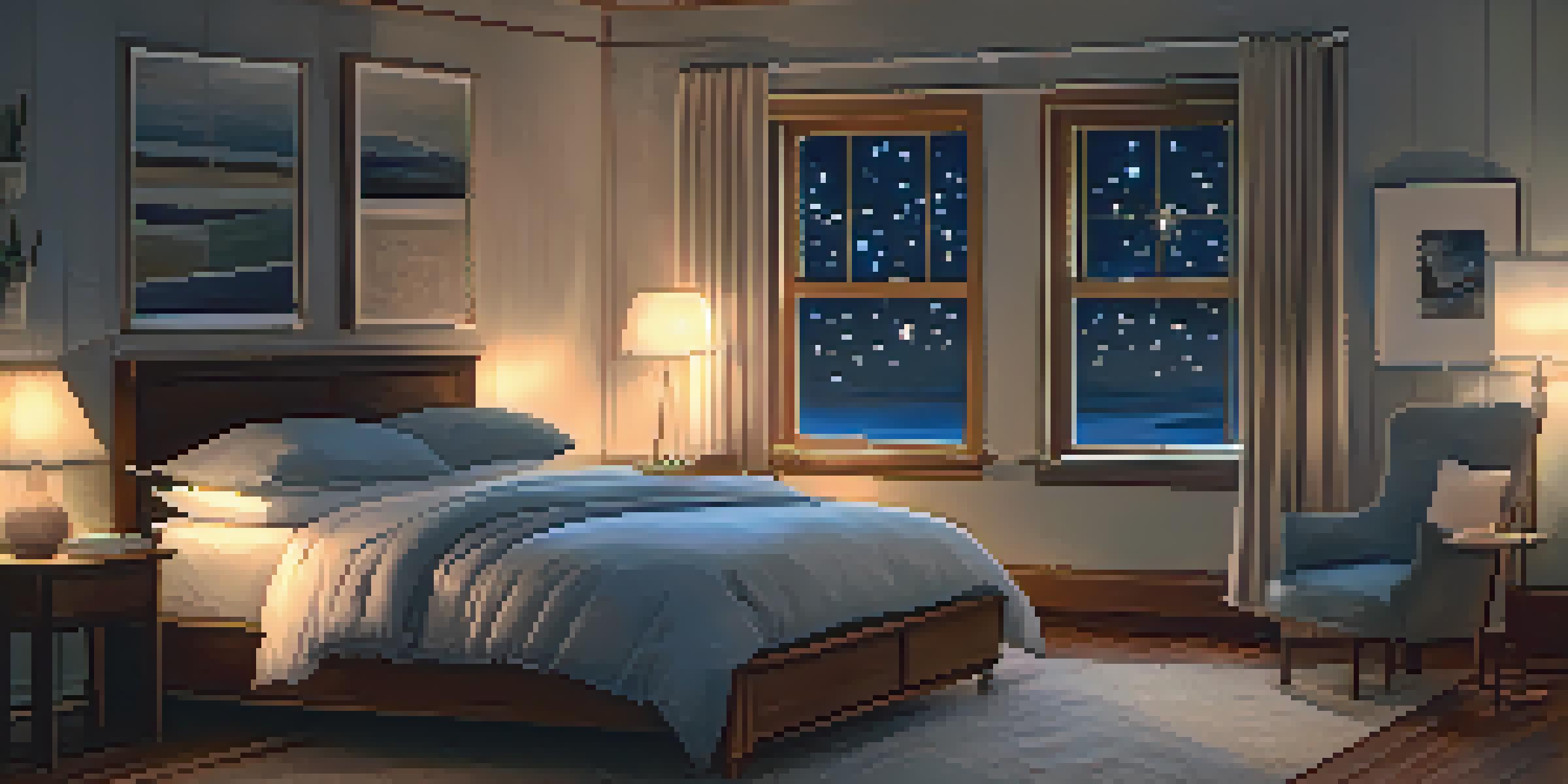 A serene bedroom with a cozy bed, soft pillows, and a warm blanket, illuminated by a bedside lamp with a starry sky visible through the window.