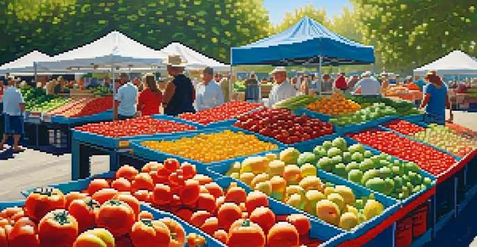 A lively farmer's market filled with colorful fruits and vegetables, with shoppers exploring the fresh produce under a sunny sky.