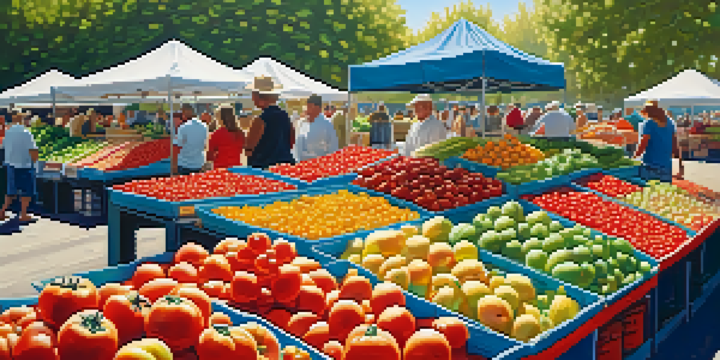 A lively farmer's market filled with colorful fruits and vegetables, with shoppers exploring the fresh produce under a sunny sky.