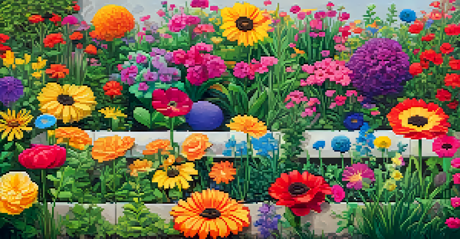A creative depiction of a social media feed as a colorful garden full of flowers representing positivity and mental wellness.