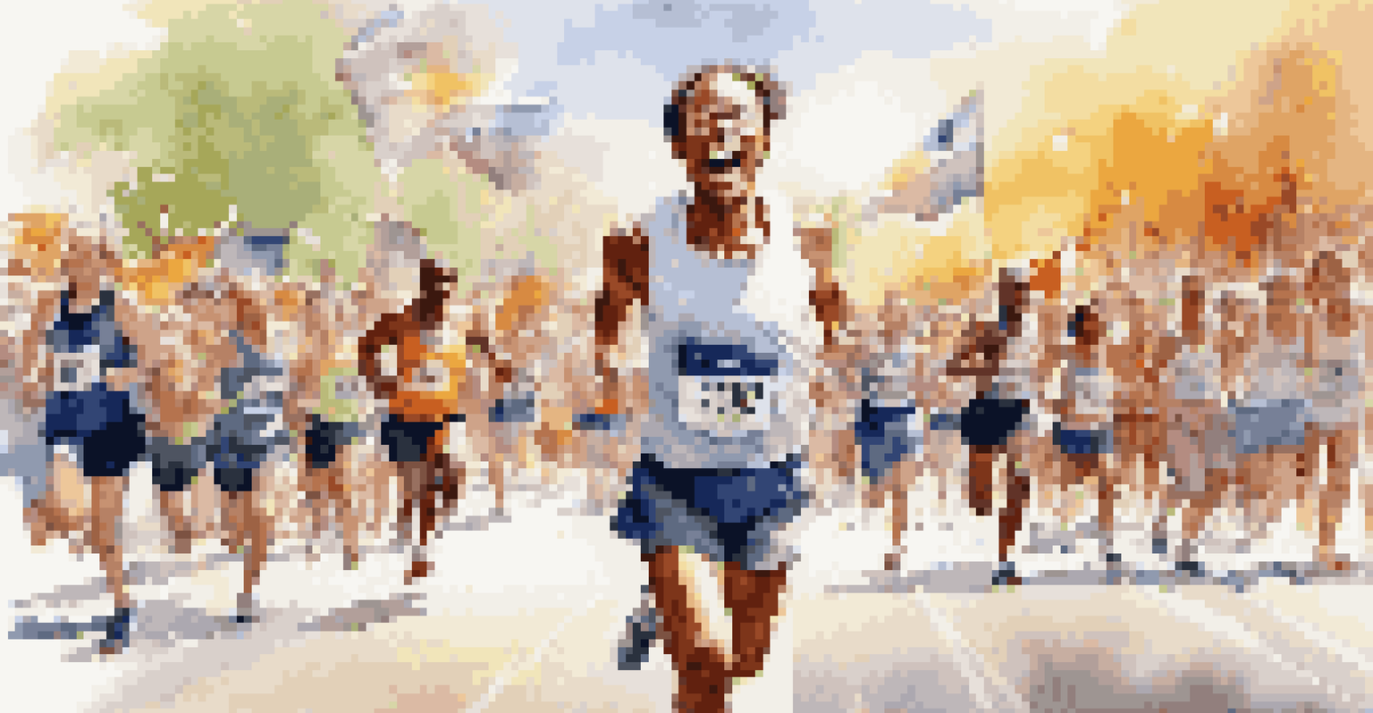 A runner joyfully crossing the finish line of a marathon with a cheering crowd.