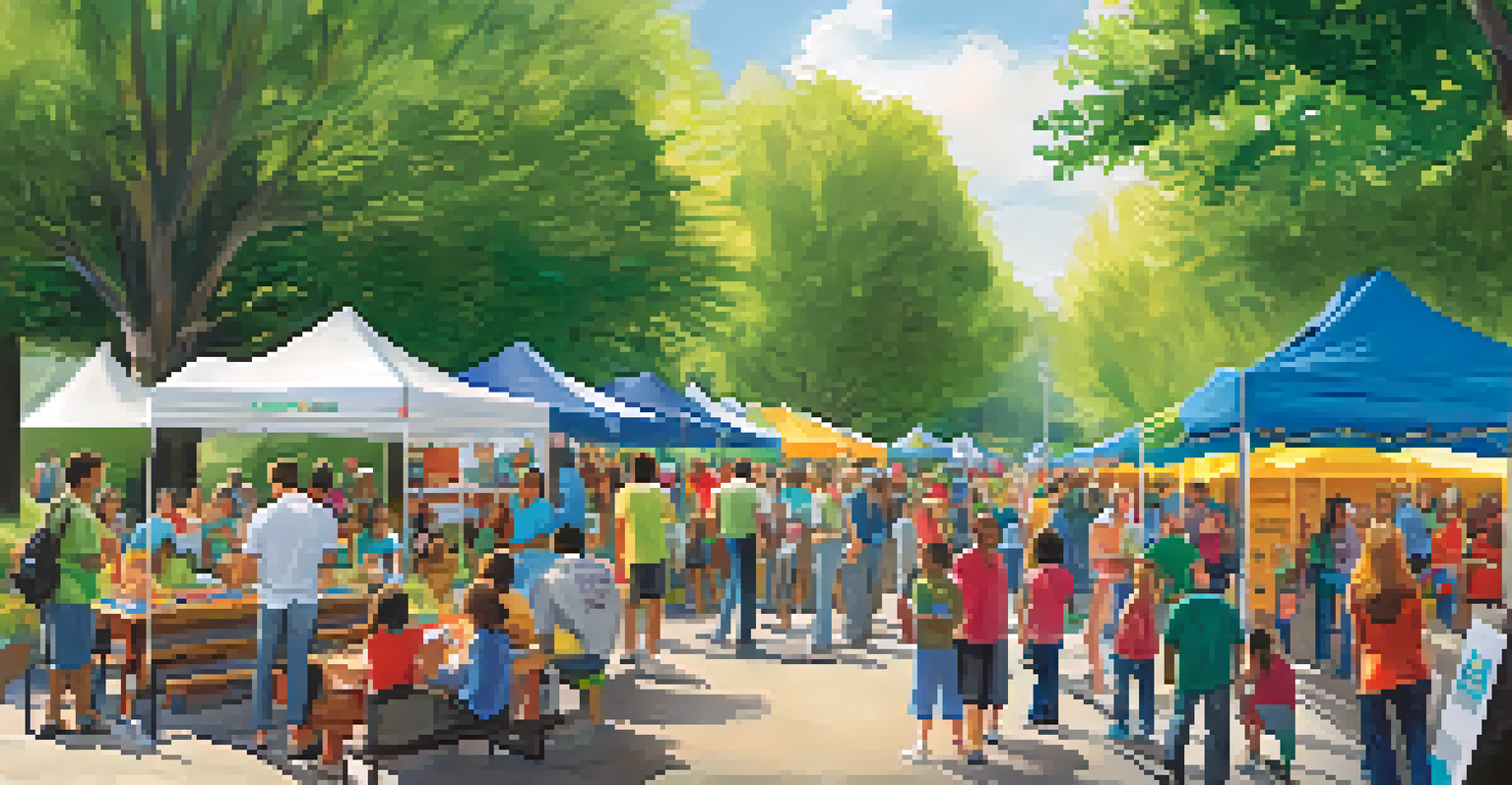 A lively outdoor community event dedicated to financial education, with various booths and people engaging with resources.