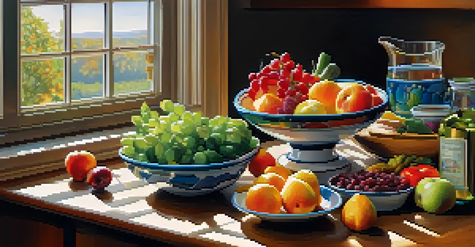 A kitchen table filled with fresh fruits, vegetables, and lean proteins under warm natural light.