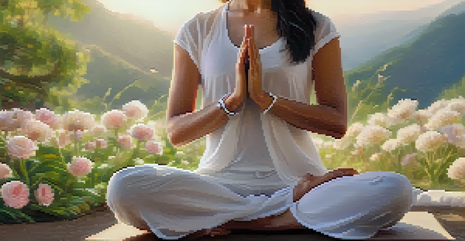 A close-up of hands in a mudra gesture, surrounded by nature and flowers, representing tranquility.