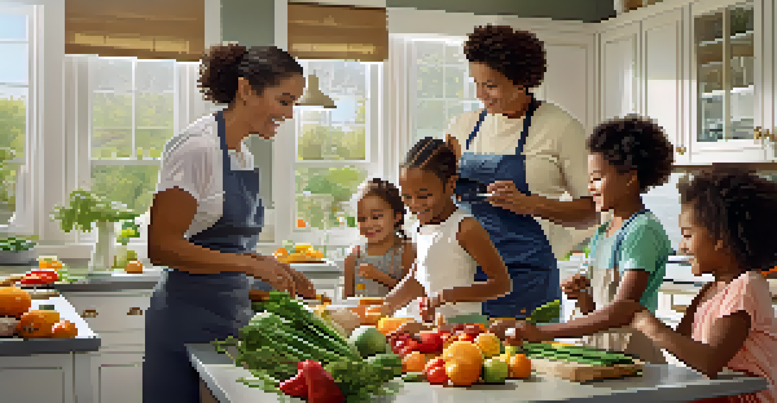 A family happily cooking together in a kitchen, surrounded by fresh ingredients and showcasing a healthy meal preparation.