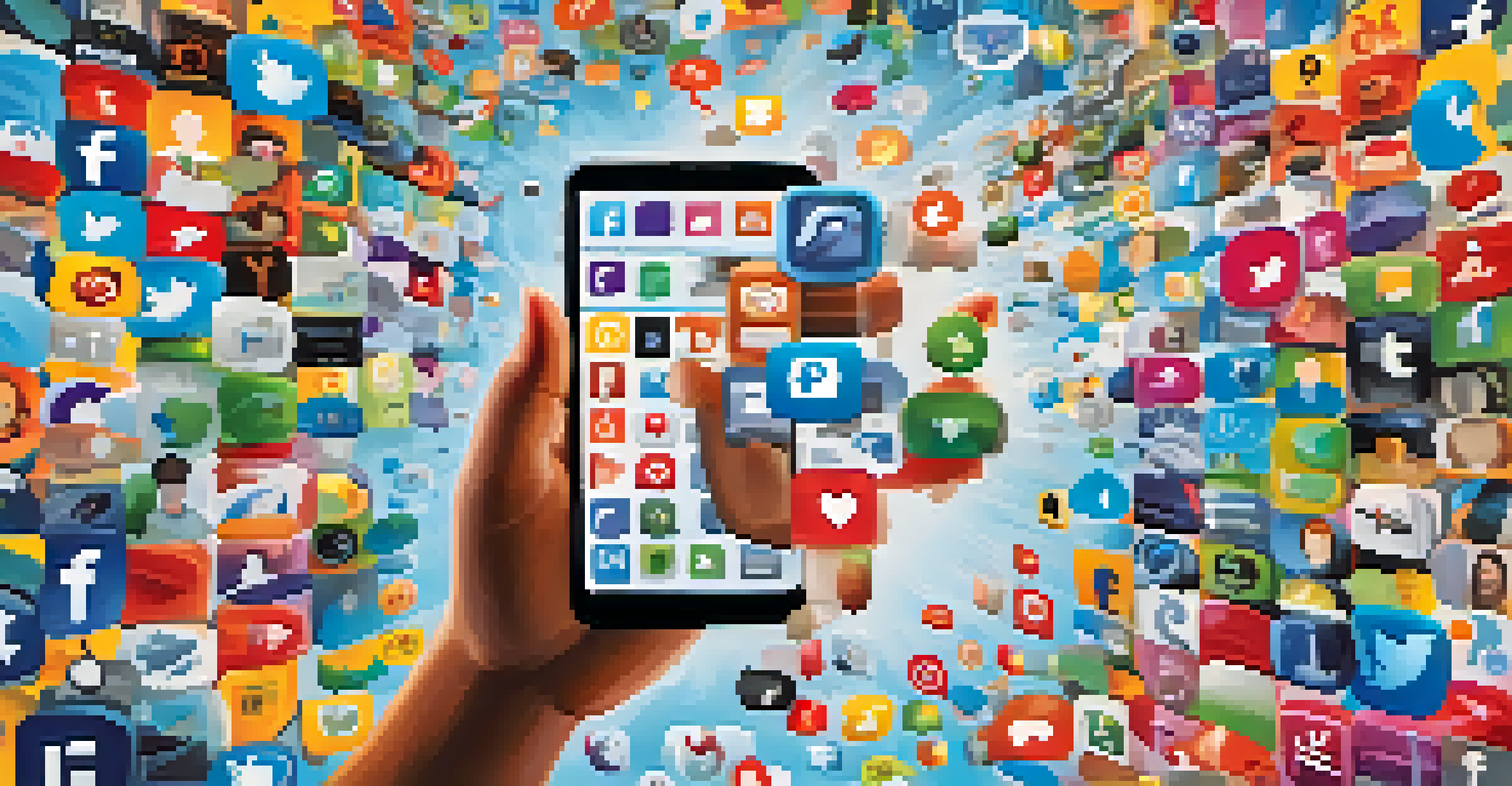 A thoughtful person holding a smartphone surrounded by social media icons, symbolizing the evaluation of health information in a vibrant background.