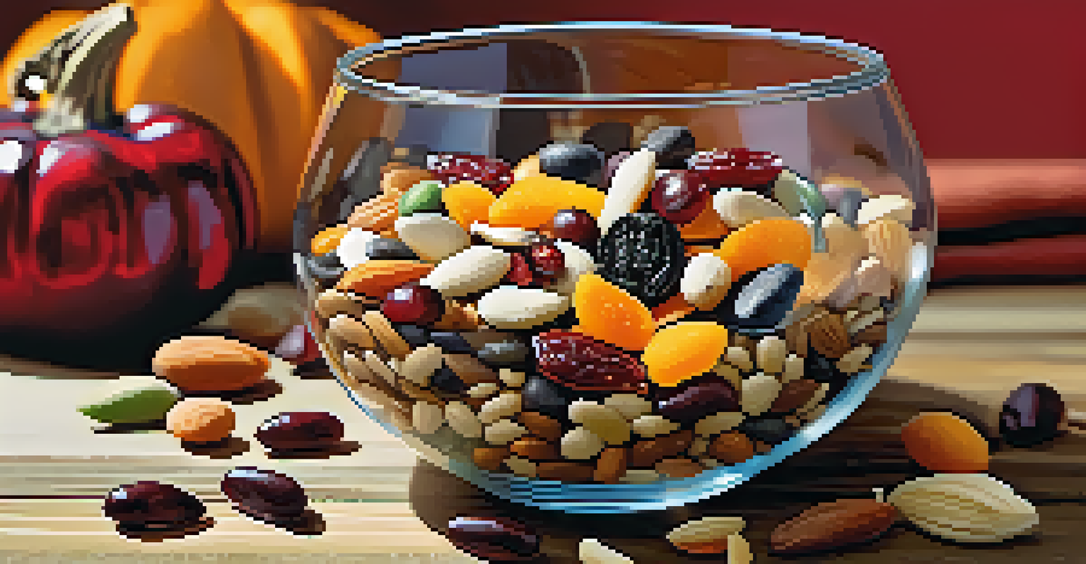 A glass bowl filled with homemade trail mix containing seeds and dried fruits, with a rustic wooden background.