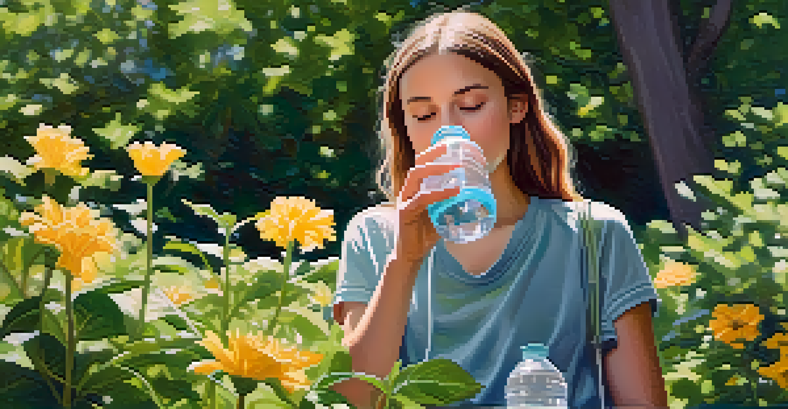 A teenager sitting in a park, enjoying a drink from a reusable water bottle amid green trees and blooming flowers, conveying a sense of calm and refreshment.