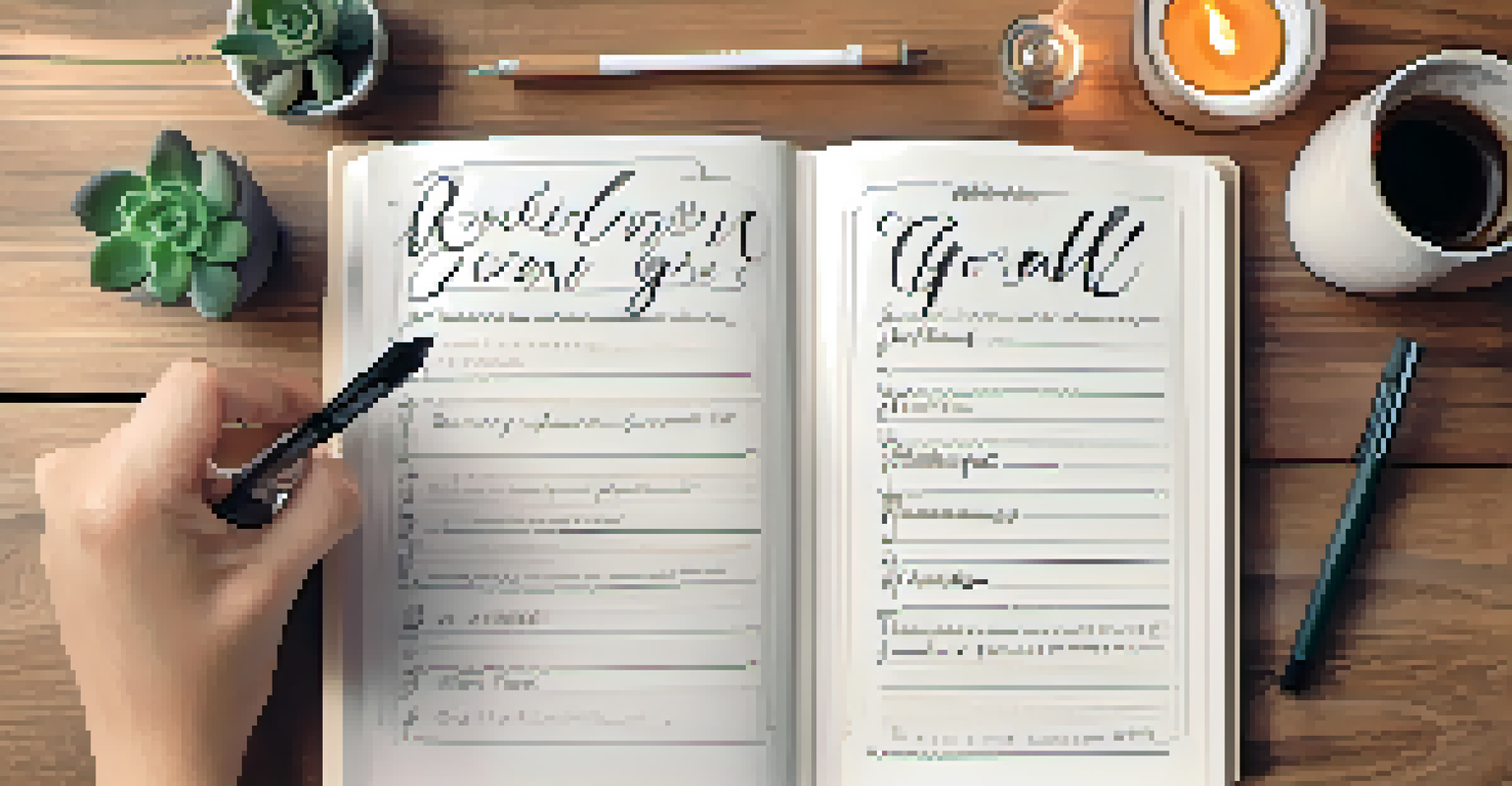 A close-up of a wellness coach's hand writing goals in a journal on a wooden table with a succulent plant and a cup of tea.