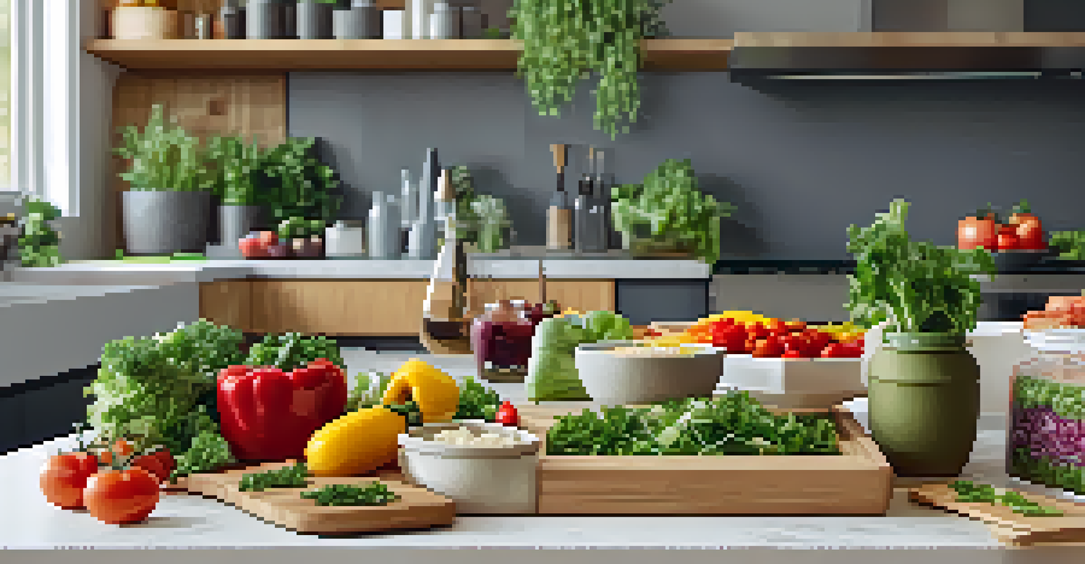 A meal prep station featuring colorful chopped vegetables, a reusable container with salad, and beeswax wraps, with a compost bin in the background.