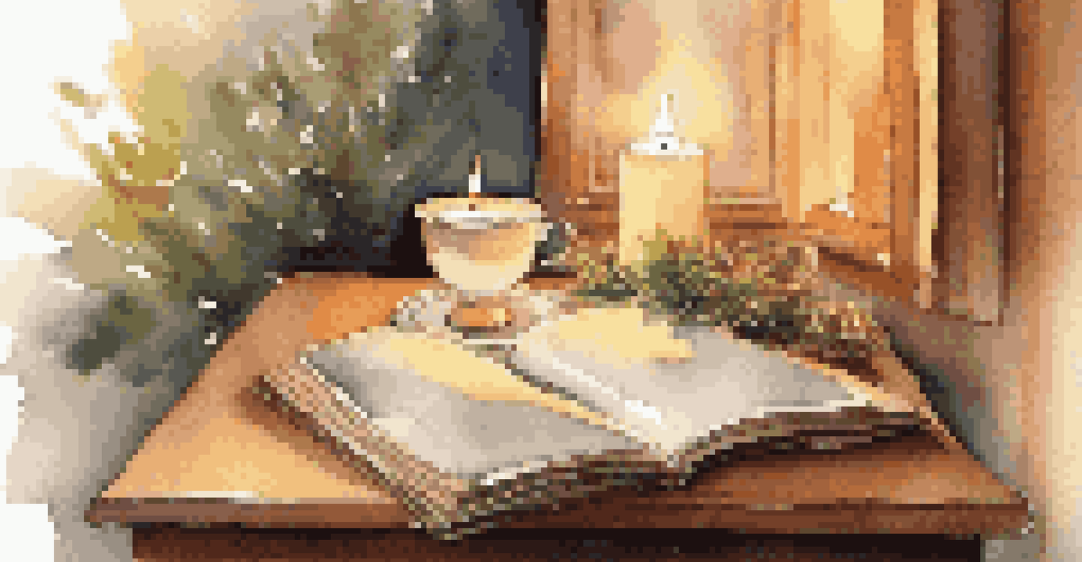 A cup of herbal tea beside an open book and a lit candle, creating a calming atmosphere.